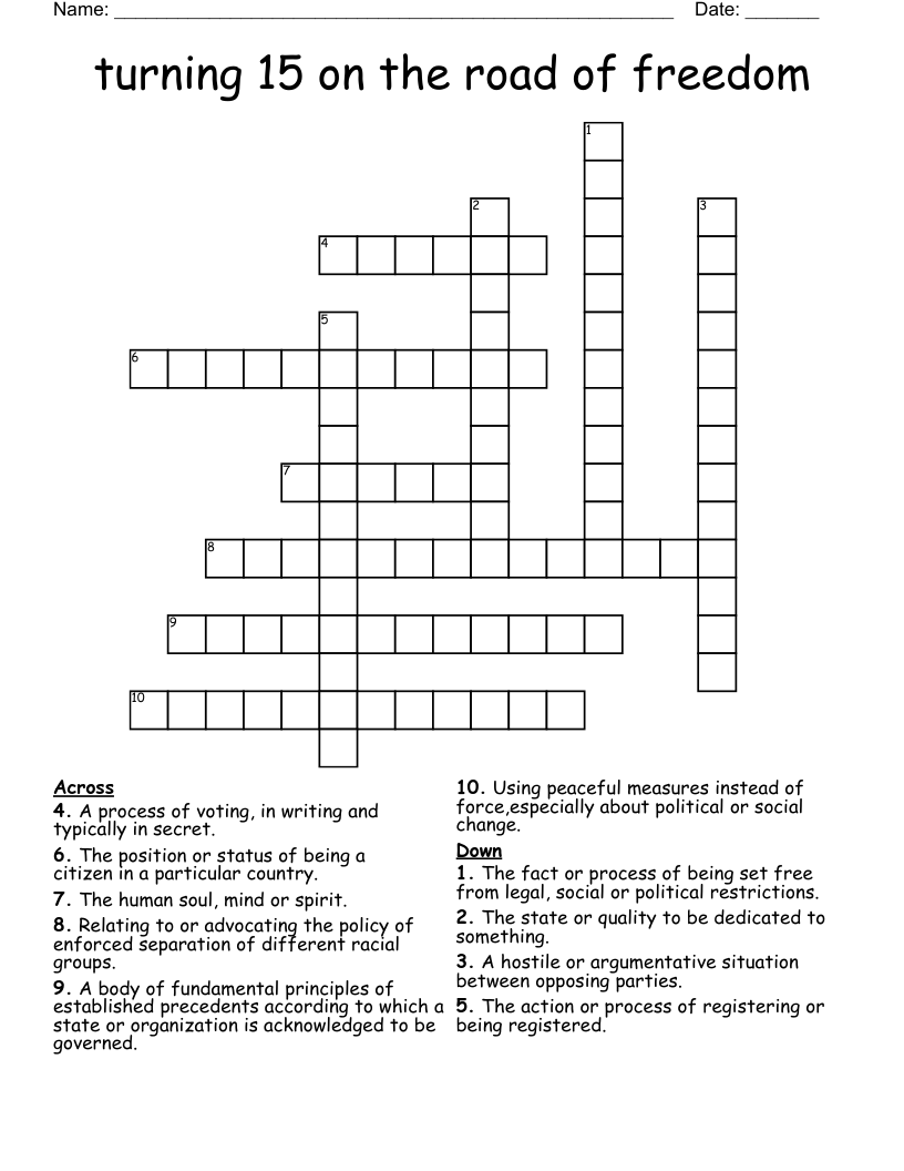 turning 15 on the road of freedom Crossword