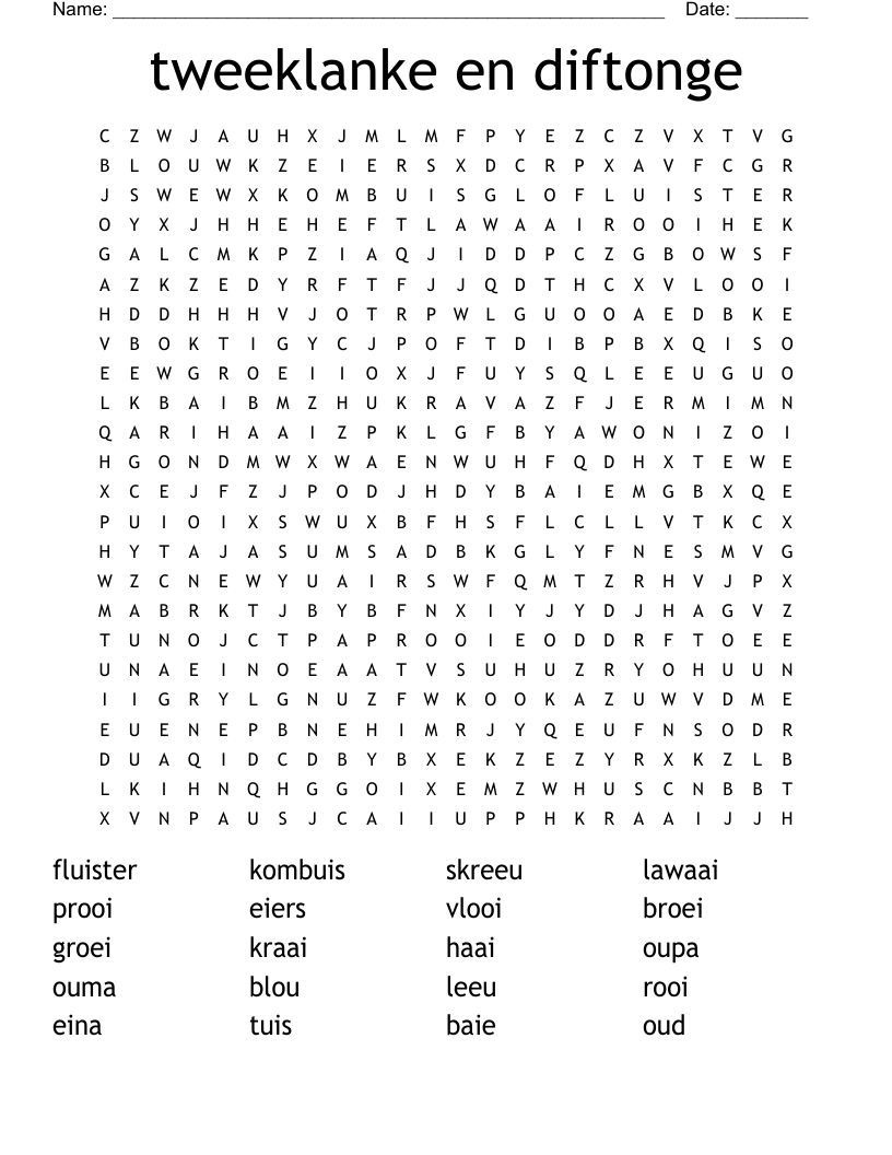 tweeklanke en diftonge Word Search