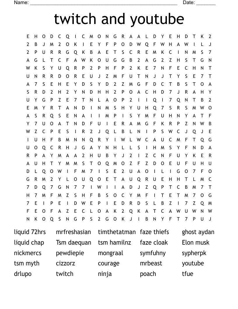 twitch and youtube Word Search