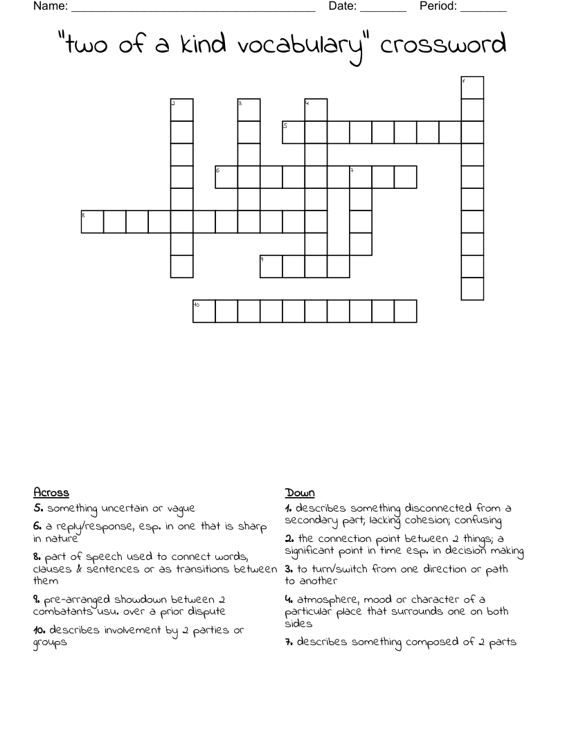 "two of a kind vocabulary" crossword