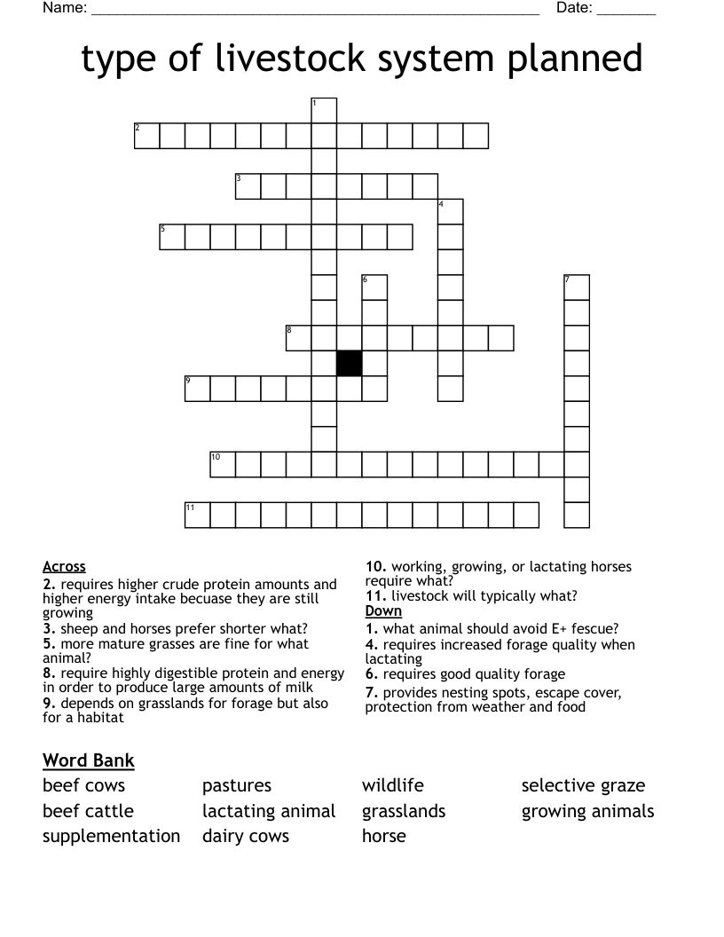 type of livestock system planned  Crossword