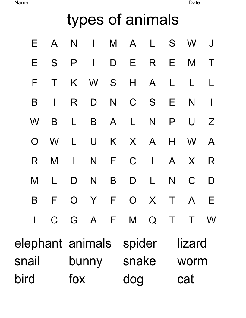 types of animals Word Search