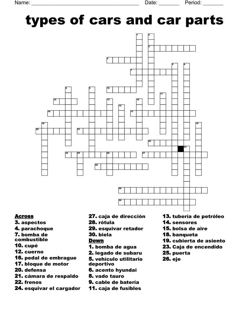 types of cars and car parts Crossword