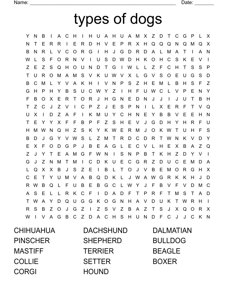 types of dogs Word Search