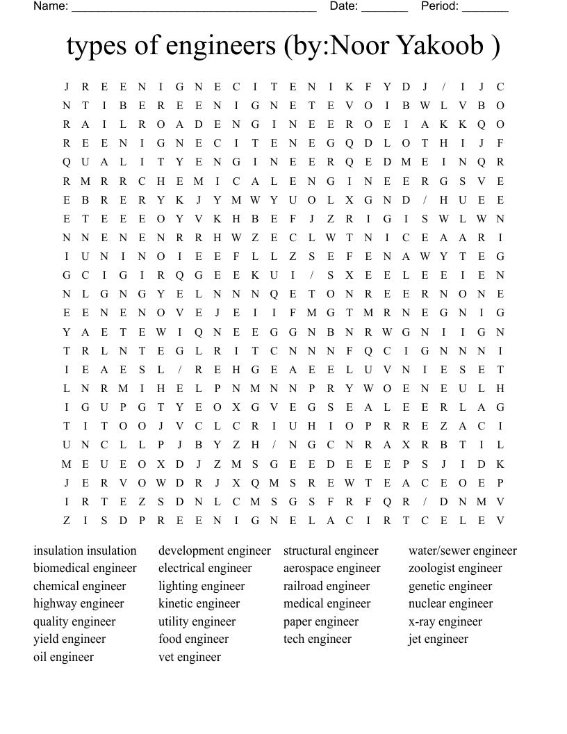 types of engineers   (by:Noor Yakoob ) Word Search