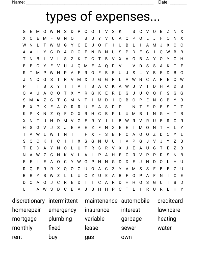 types of expenses... Word Search