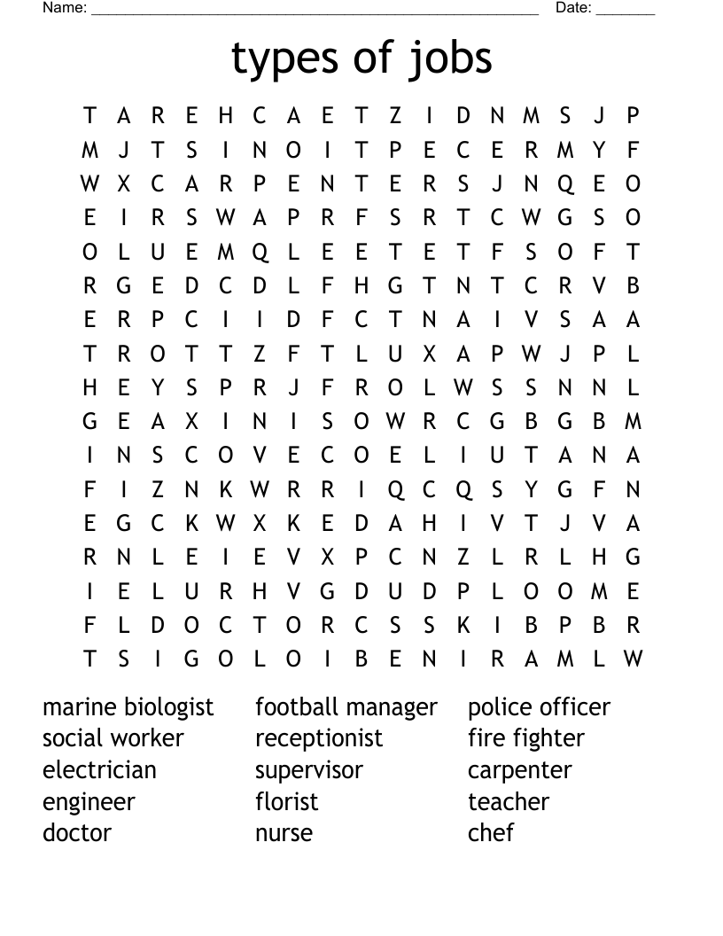 types of jobs Word Search