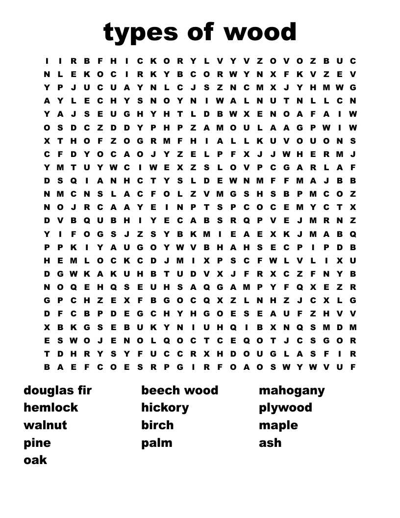 types of wood Word Search