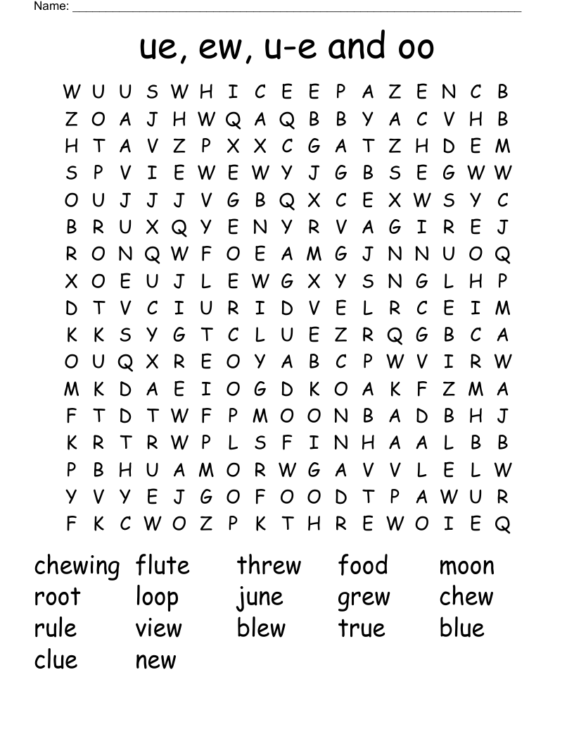 ue, ew, u-e and oo Word Search