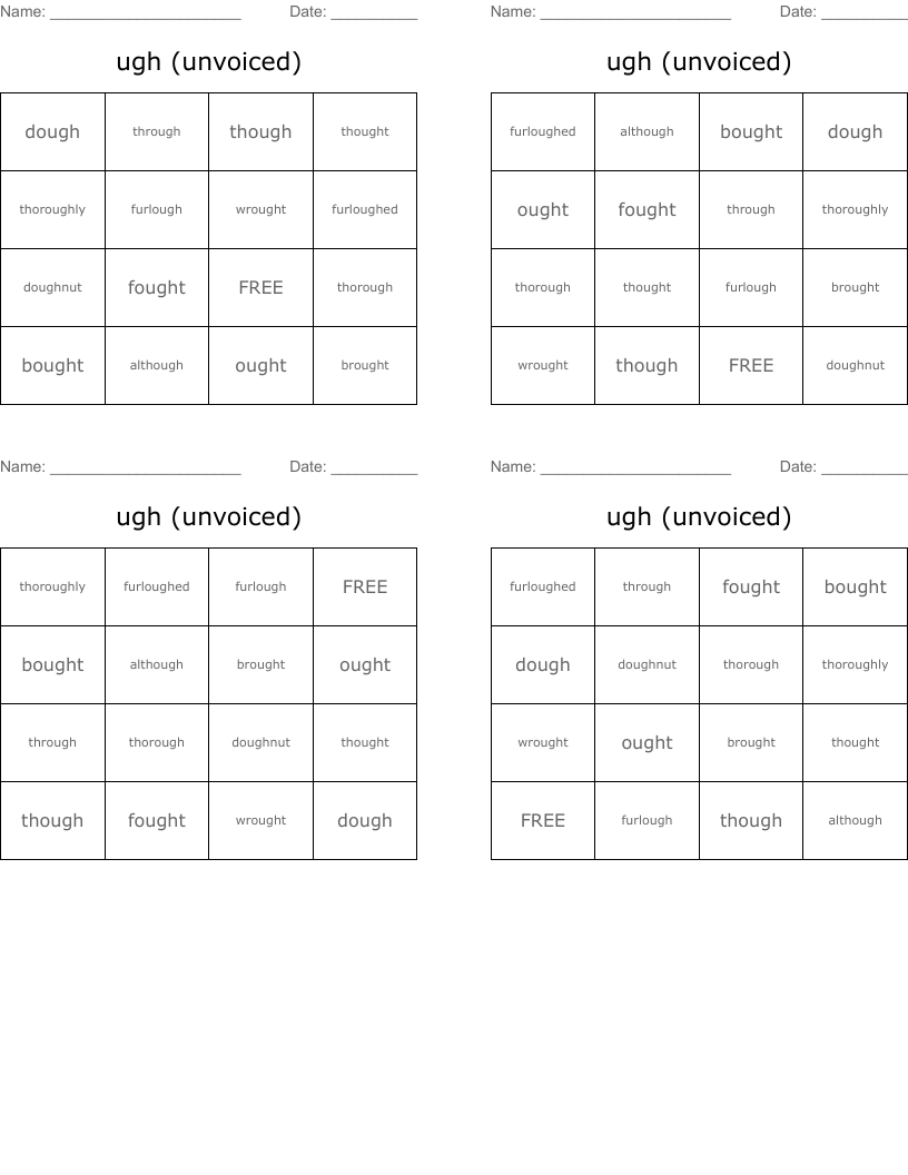 ugh  (unvoiced) Bingo Cards