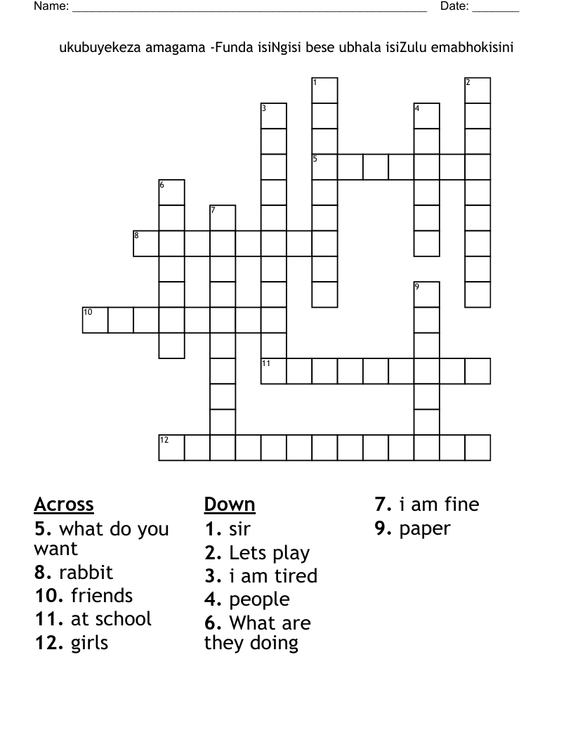ukubuyekeza amagama -Funda isiNgisi bese ubhala isiZulu emabhokisini Crossword