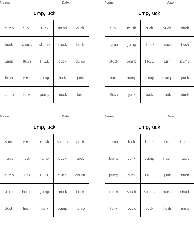 ump, uck Bingo Cards