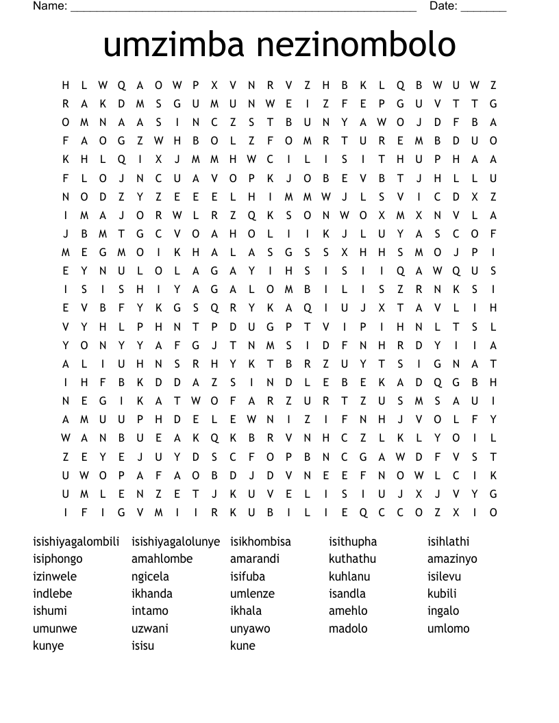 umzimba nezinombolo Word Search