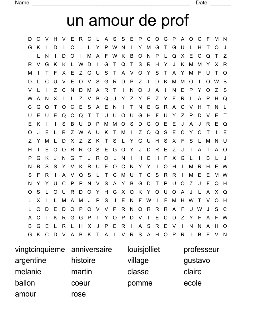 un amour de prof Word Search