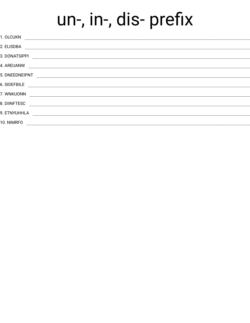 un-, in-, dis- prefix Word Scramble