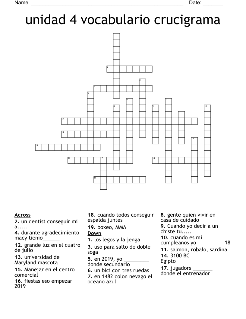 unidad 4 vocabulario crucigrama Crossword