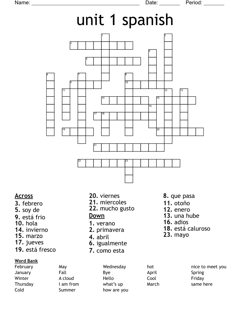 unit 1 spanish  Crossword