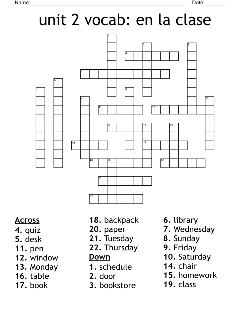 unit 2 vocab: en la clase Crossword