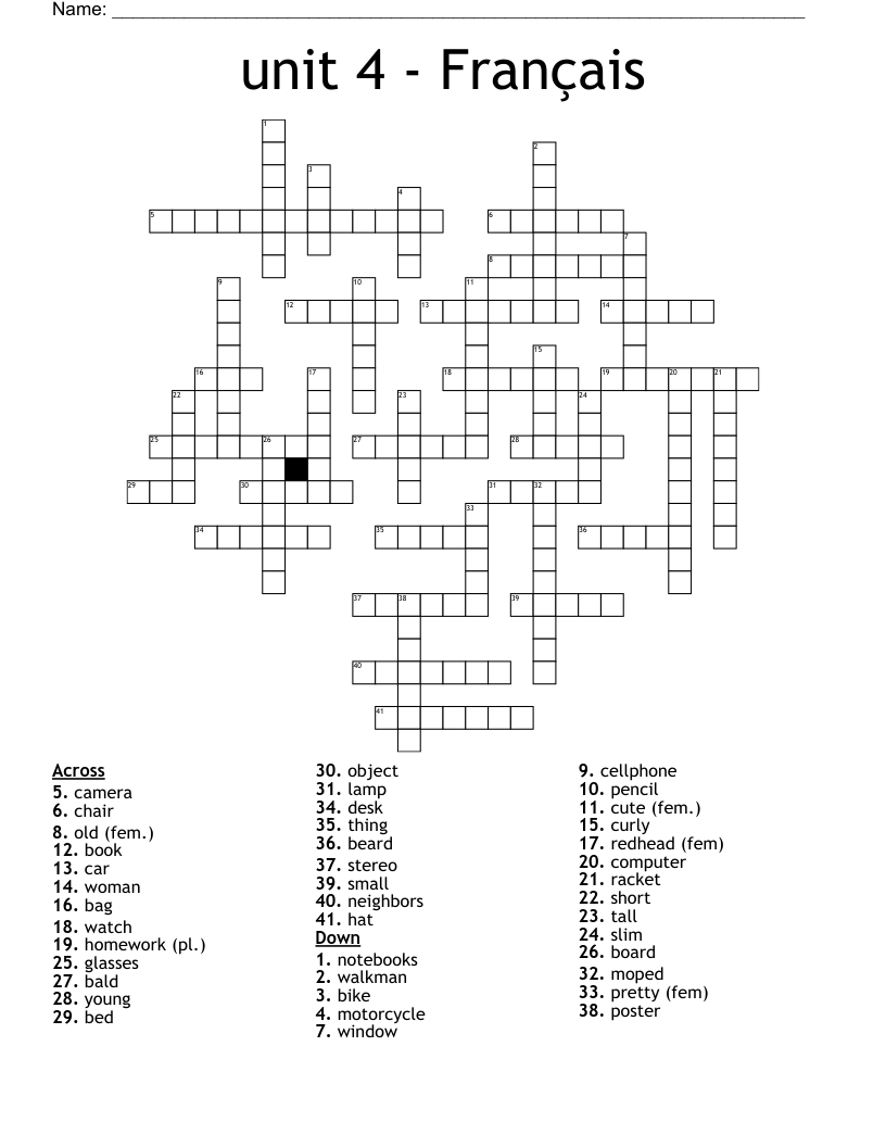 unit 4 - Français Crossword