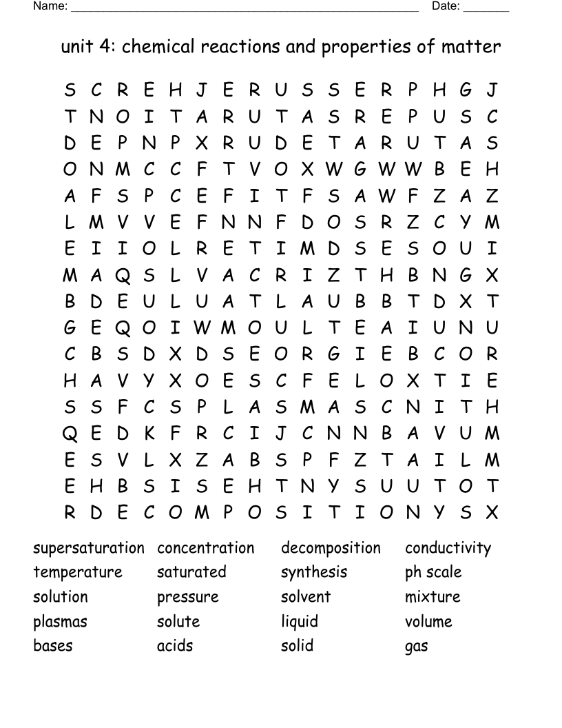 unit 4: chemical reactions and properties of matter  Word Search