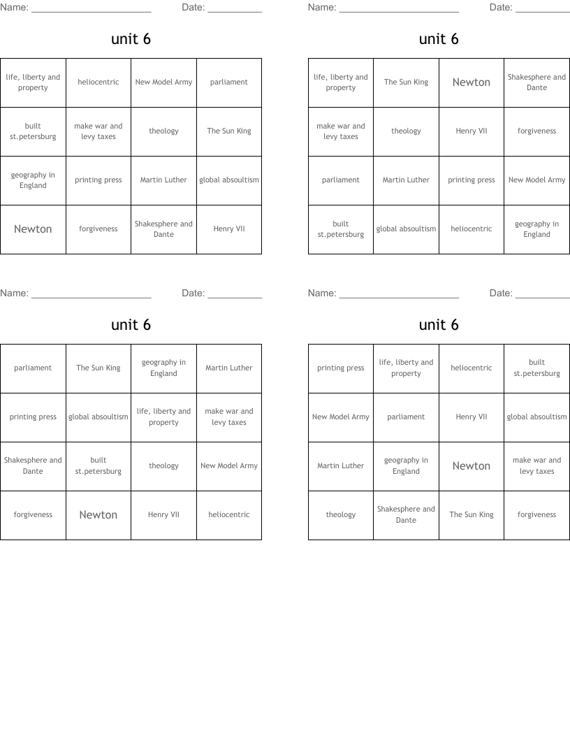 unit 6 Bingo Cards