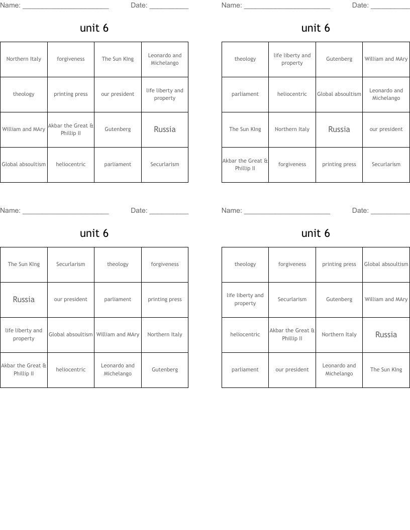 unit 6 Bingo Cards