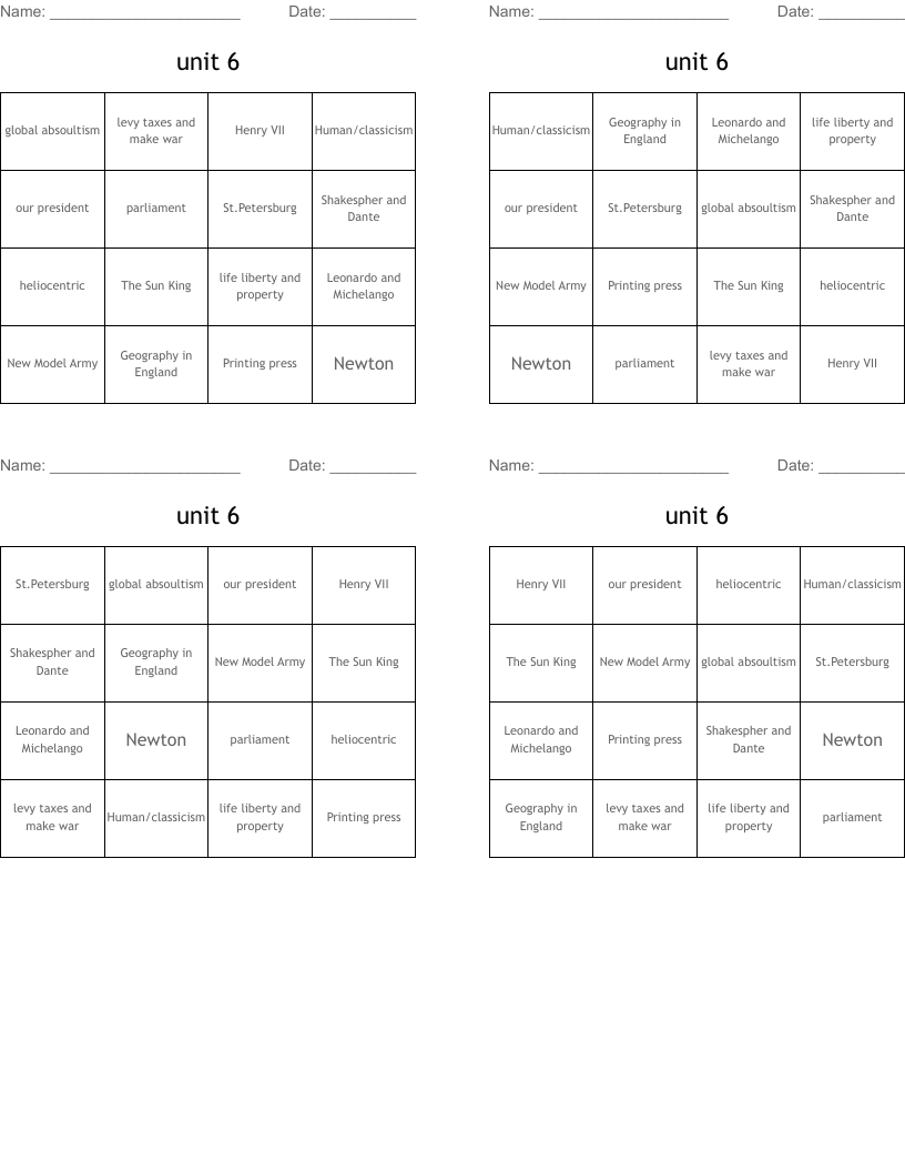 unit 6 Bingo Cards