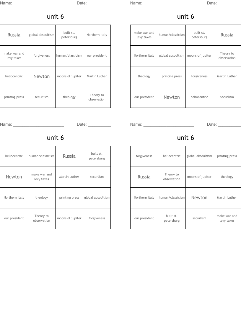 unit 6 Bingo Cards