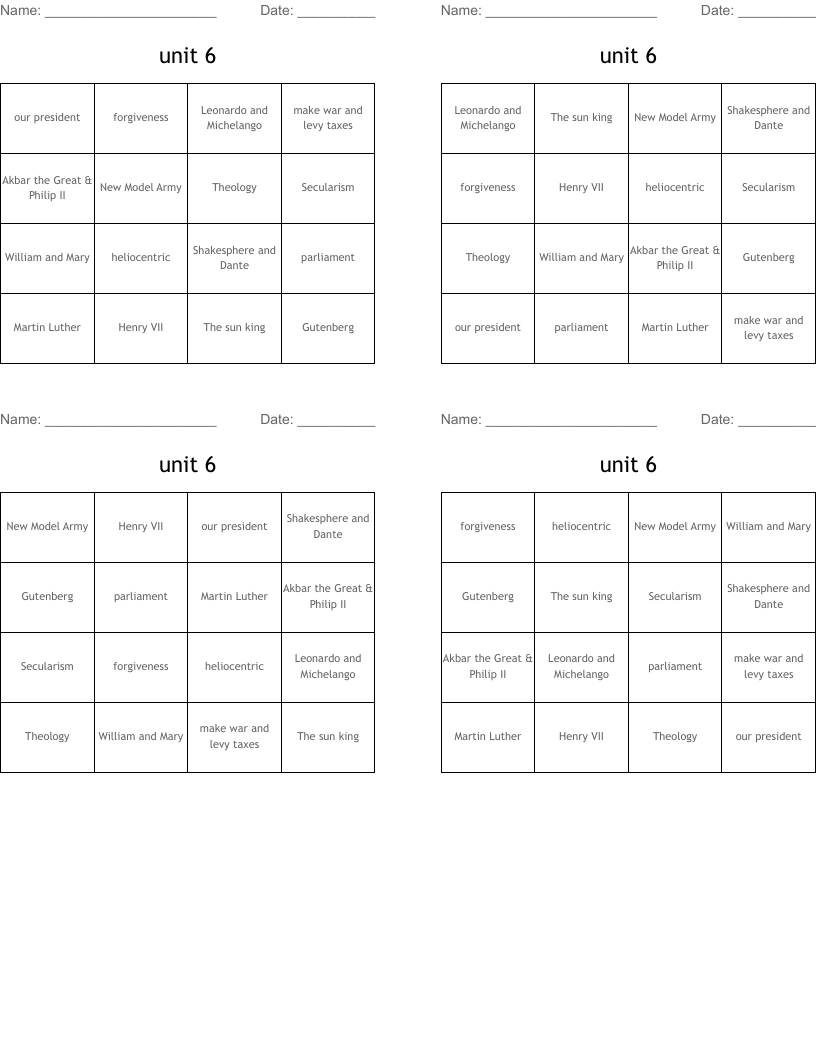 unit 6 Bingo Cards