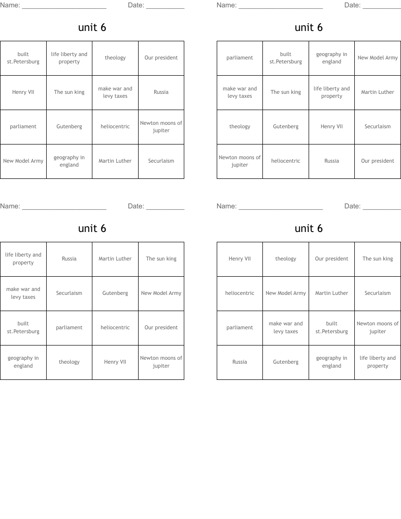 unit 6 Bingo Cards
