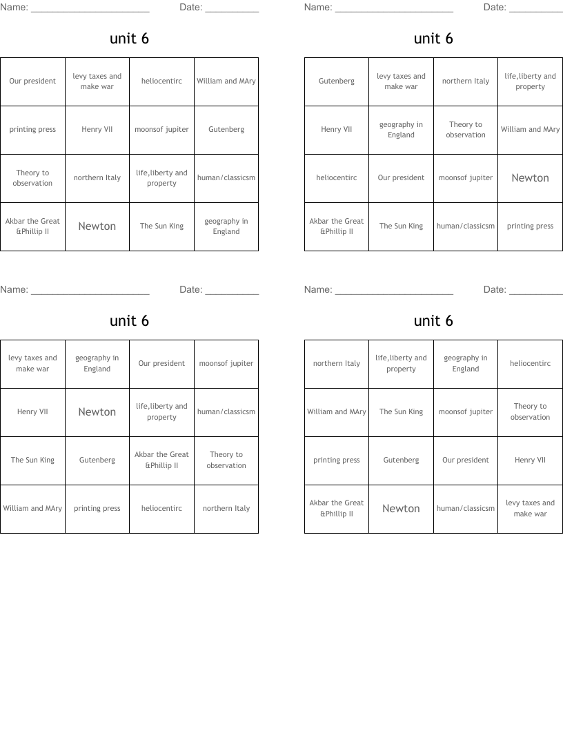 unit 6 Bingo Cards