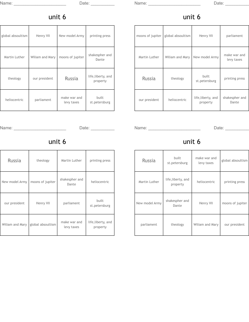 unit 6 Bingo Cards