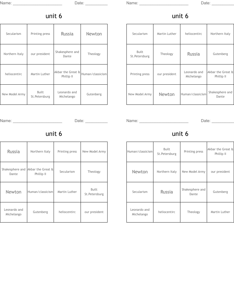 unit 6 Bingo Cards