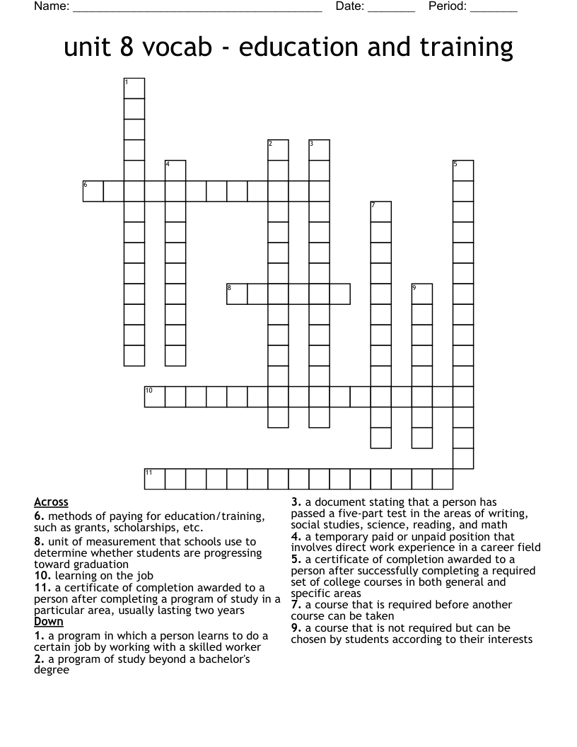 unit 8 vocab - education and training  Crossword