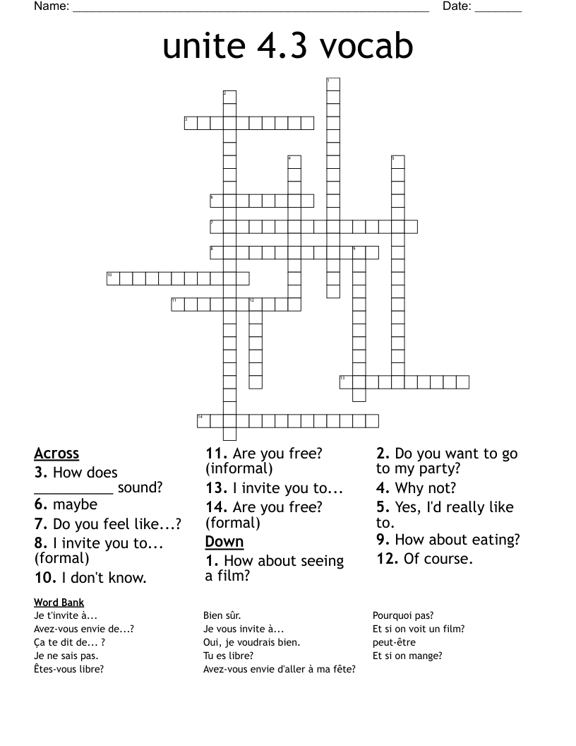 unite 4.3 vocab Crossword