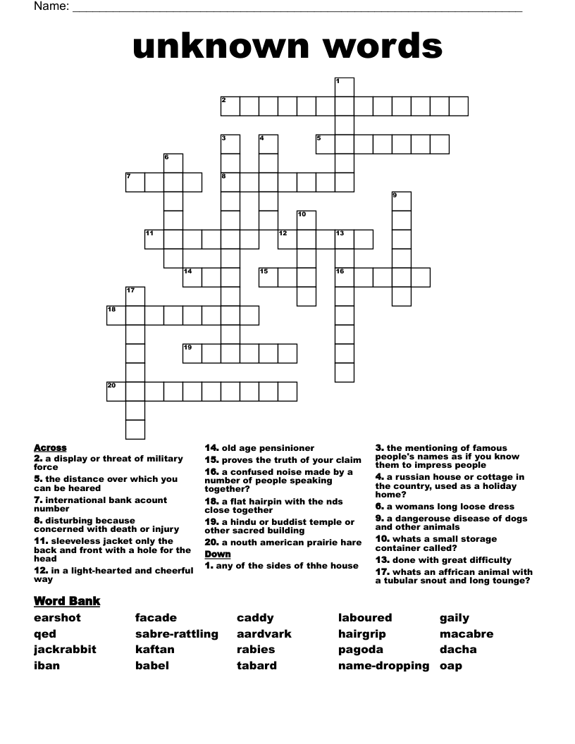unknown words Crossword