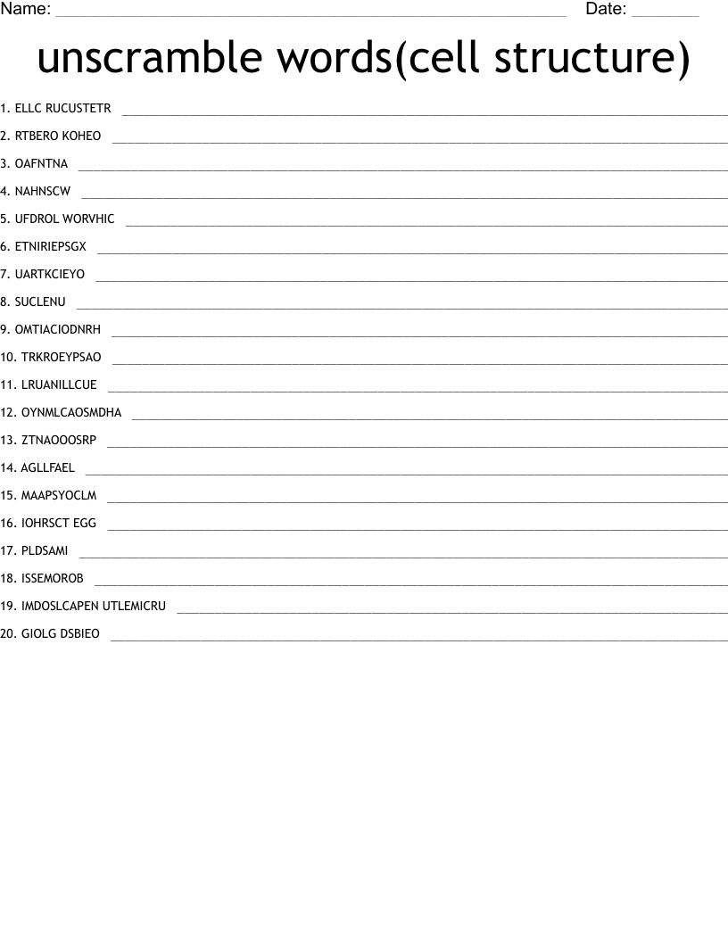 unscramble words(cell structure)