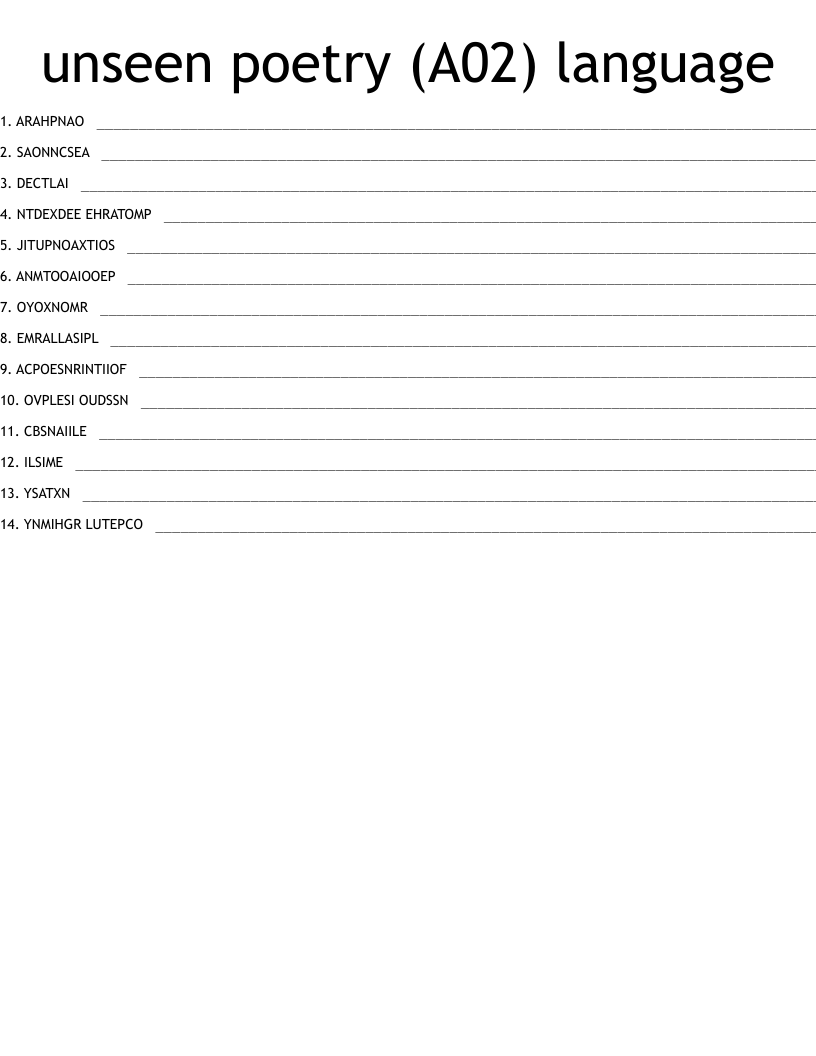 unseen poetry (A02) language Word Scramble