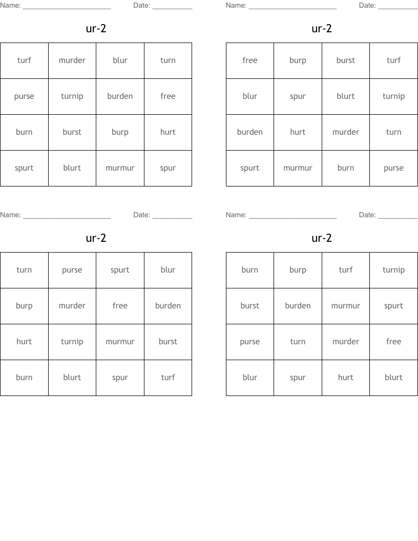 ur-2 Bingo Cards
