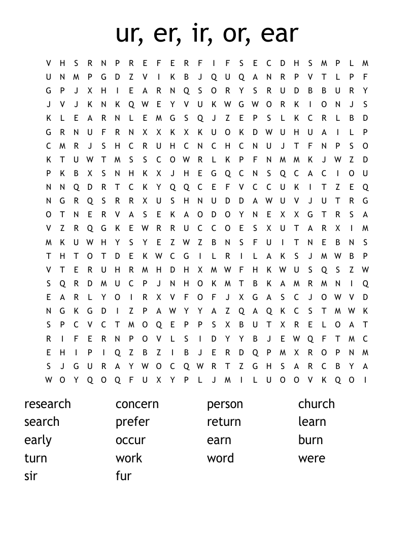ur, er, ir, or, ear Word Search