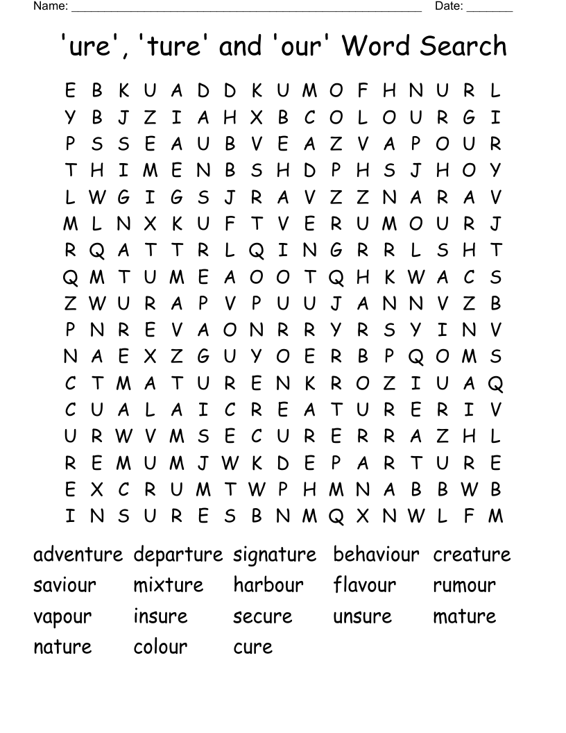 'ure', 'ture' and 'our' Word Search