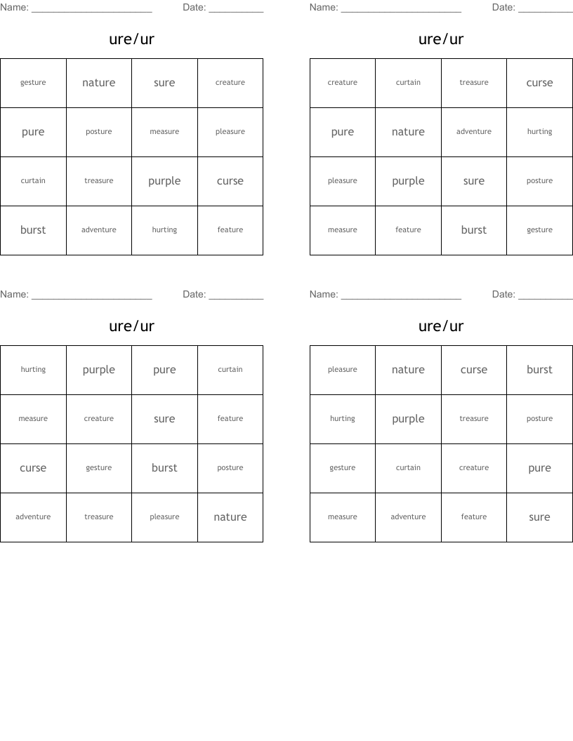 ure/ur Bingo Cards
