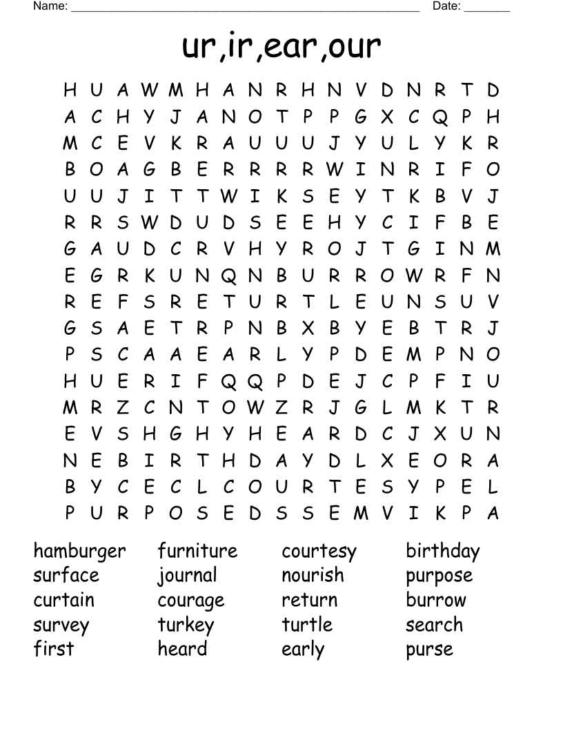 ur,ir,ear,our Word Search