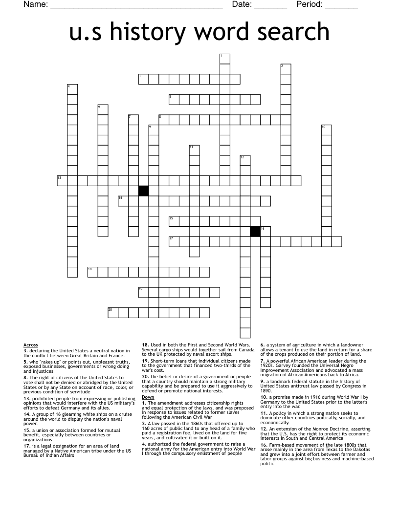 u.s history word search  Crossword
