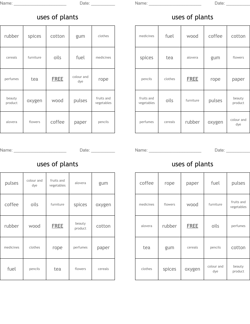 uses of plants Bingo Cards