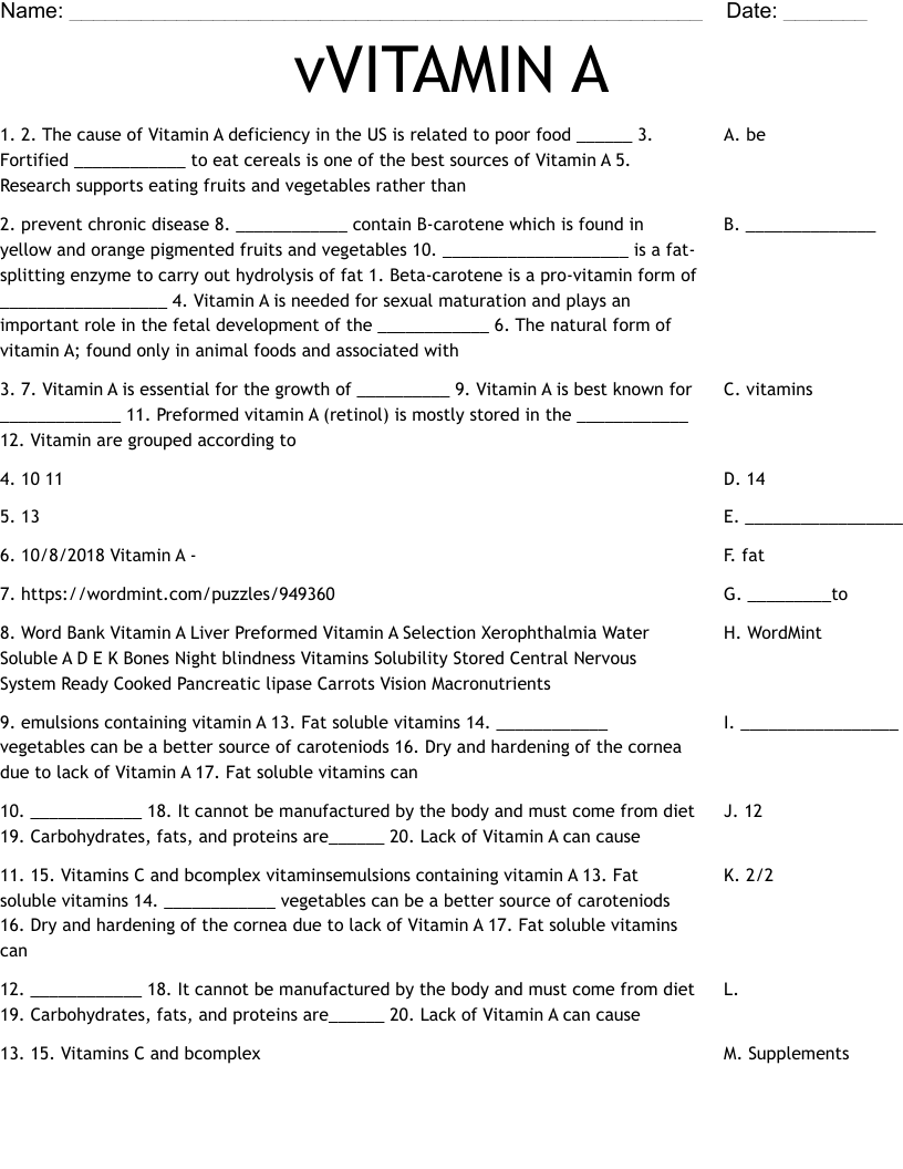 vVITAMIN A Worksheet