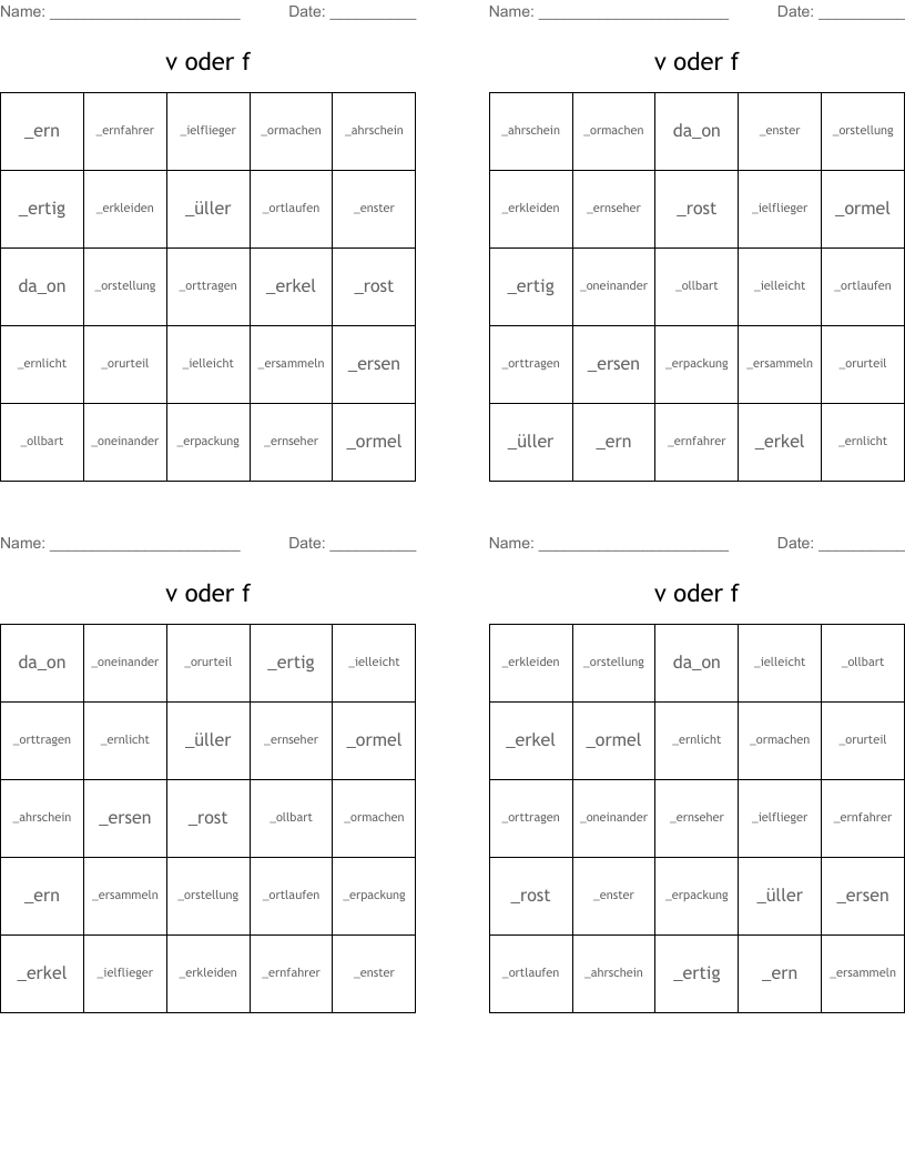 v oder f Bingo Cards
