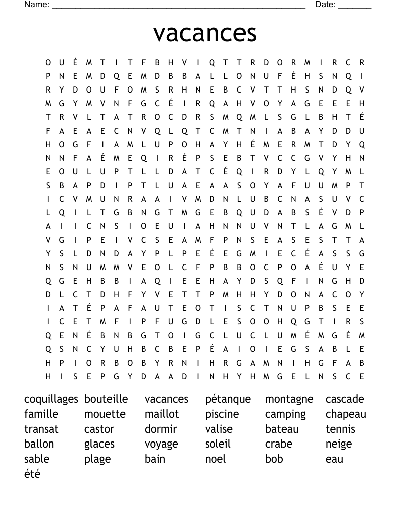 vacances Word Search