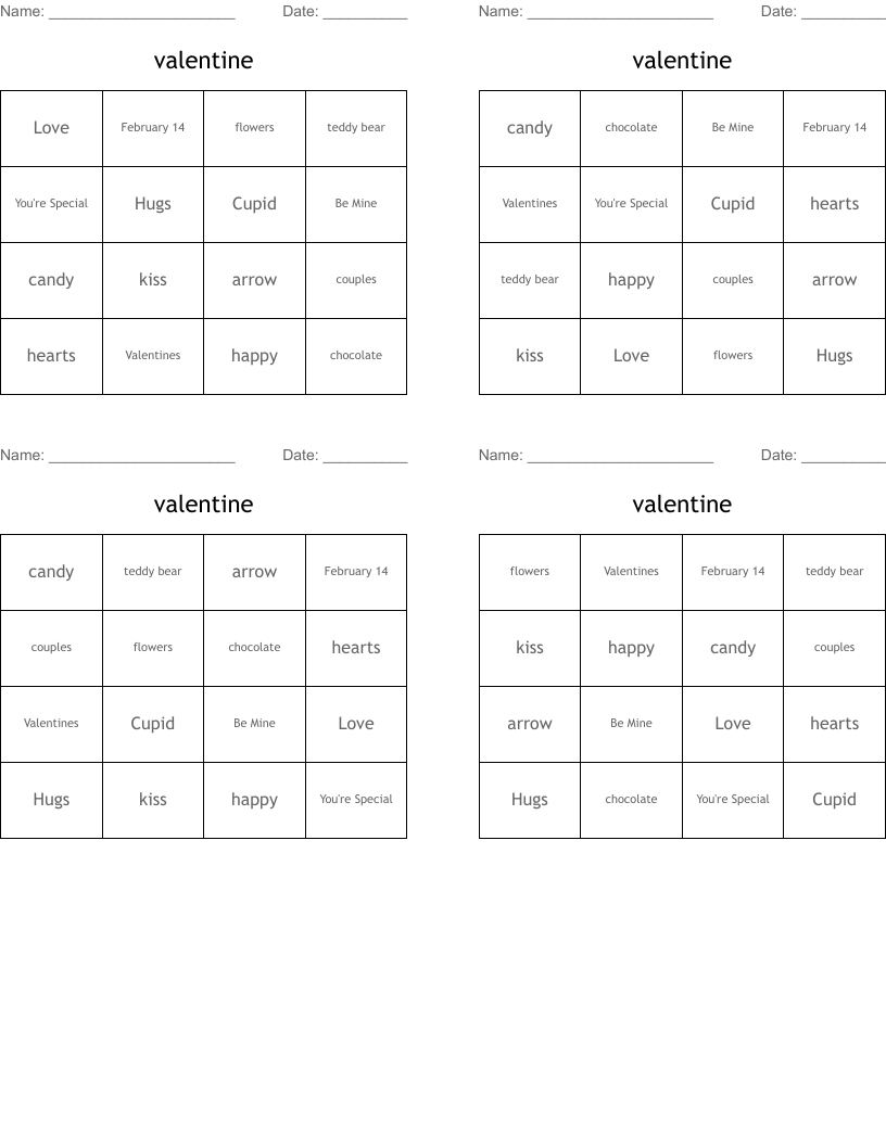 valentine Bingo Cards