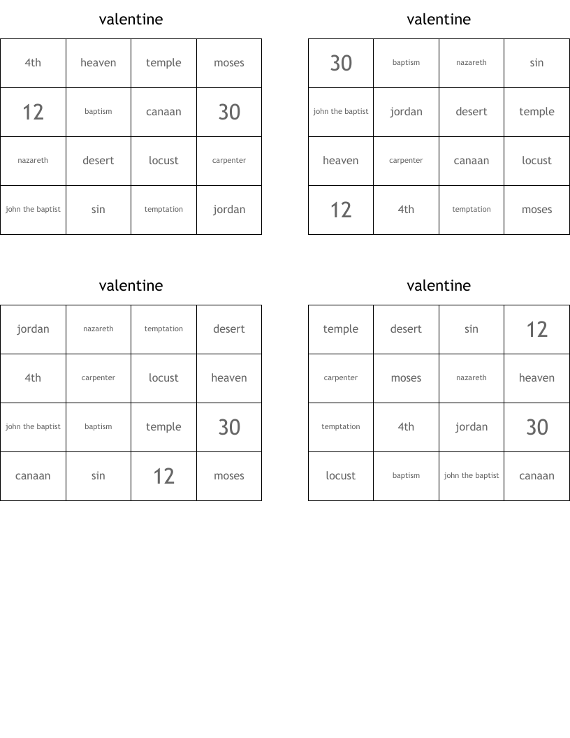 valentine Bingo Cards